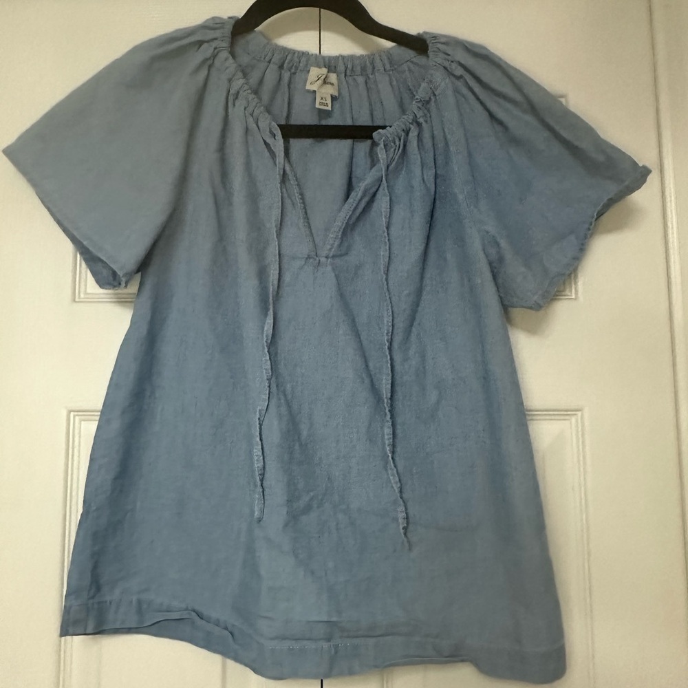 J. Crew Blue Chambray Ruched Tie Neck Top Coastal‎ Beach Prairie